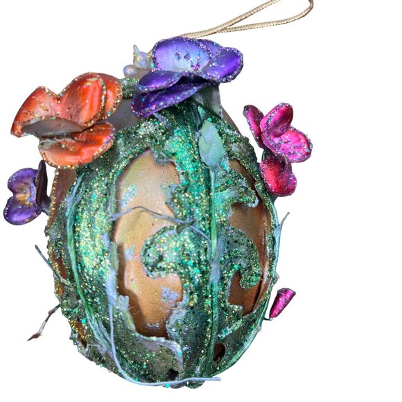 Handcrafted Floral Glitter Ornament Set With Red & Gold Egg Flower Designs - Picture 3 of 13